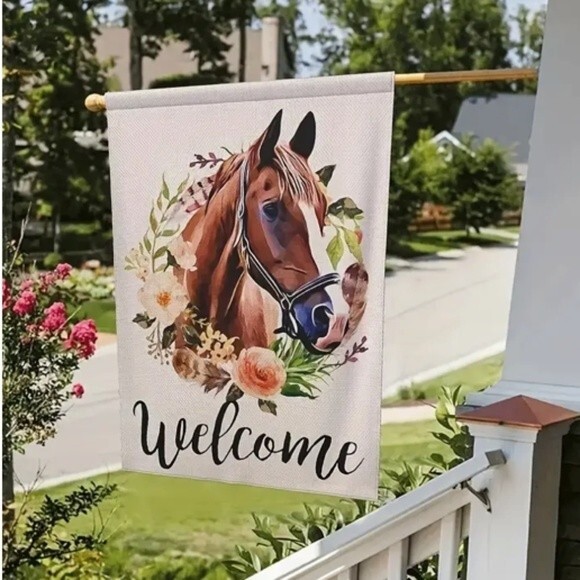 NEW WELCOME HORSE FLORAL DOUBLE SIDED GARDEN FLAG 12" X 18" PORCH HOME DECOR - Picture 2 of 7